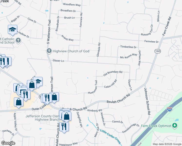 map of restaurants, bars, coffee shops, grocery stores, and more near 8212 Glaser Lane in Louisville