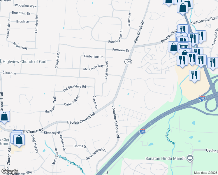 map of restaurants, bars, coffee shops, grocery stores, and more near 8713 Shadow Creek Way in Louisville