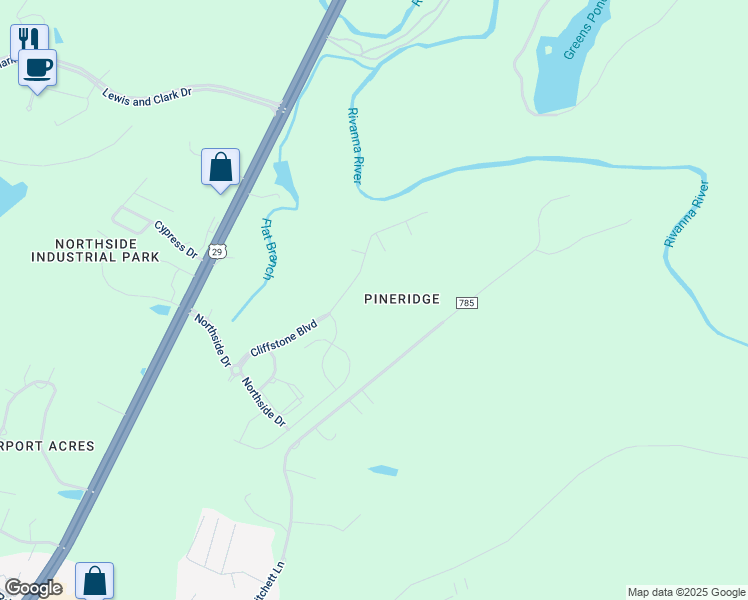 map of restaurants, bars, coffee shops, grocery stores, and more near Cliffstone Boulevard in Albemarle County