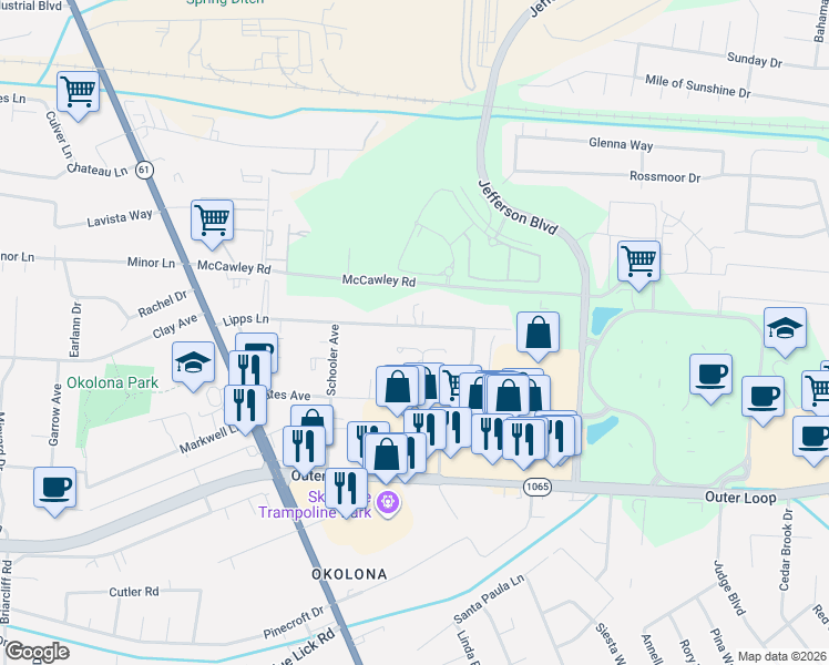 map of restaurants, bars, coffee shops, grocery stores, and more near 1264 Lipps Lane in Louisville