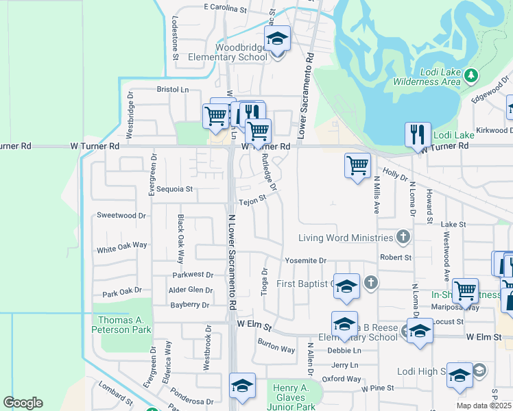 map of restaurants, bars, coffee shops, grocery stores, and more near 632 Tahoe Drive in Lodi