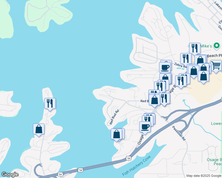 map of restaurants, bars, coffee shops, grocery stores, and more near 1107 Passover Road in Osage Beach