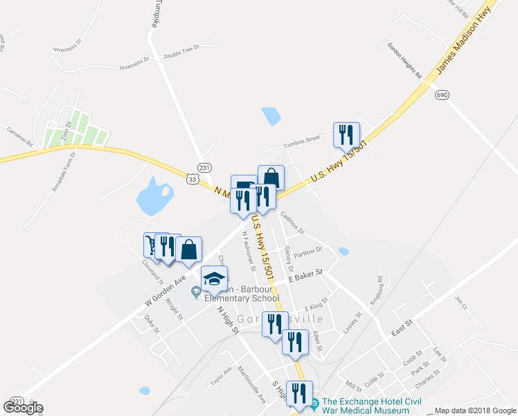 map of restaurants, bars, coffee shops, grocery stores, and more near 0 U.S. Highway 15/501 in Gordonsville