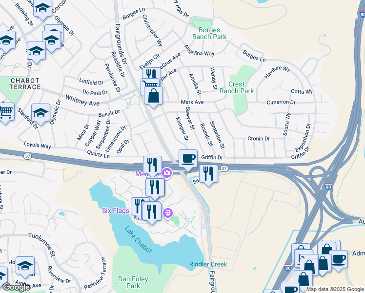 map of restaurants, bars, coffee shops, grocery stores, and more near 1901 Griffin Drive in Vallejo