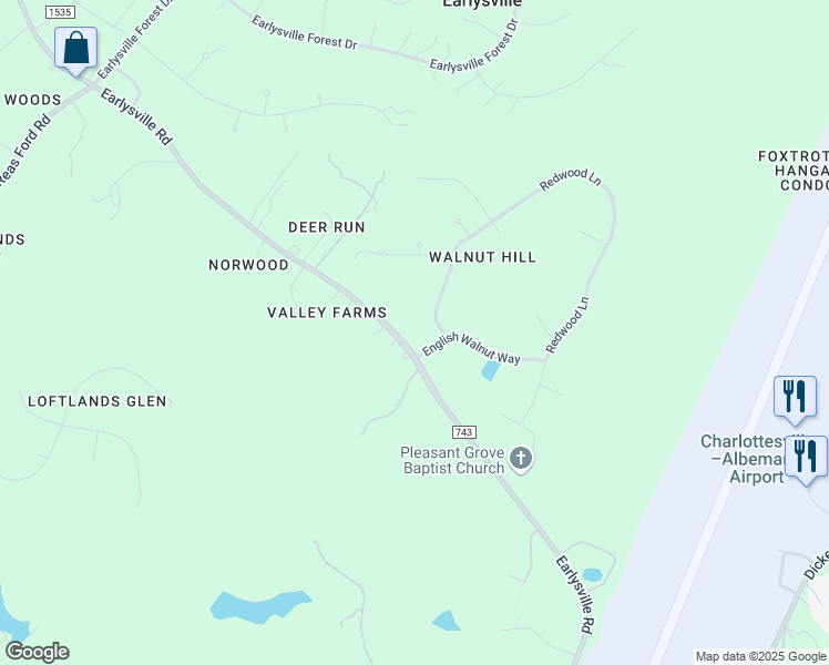 map of restaurants, bars, coffee shops, grocery stores, and more near 4015 Redwood Lane in Earlysville