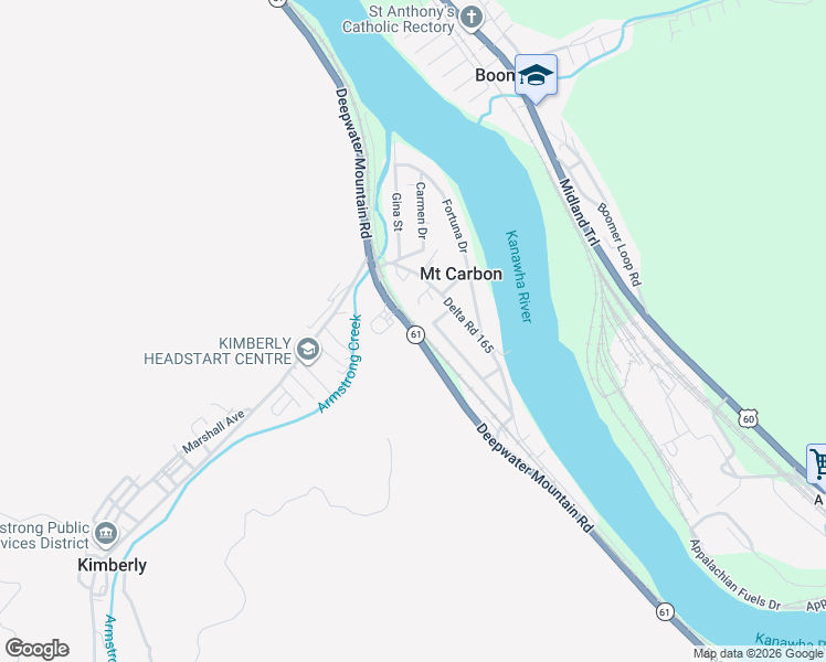 map of restaurants, bars, coffee shops, grocery stores, and more near West Virginia 61 in Mount Carbon
