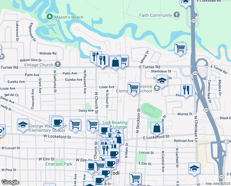 map of restaurants, bars, coffee shops, grocery stores, and more near 727 North Sacramento Street in Lodi