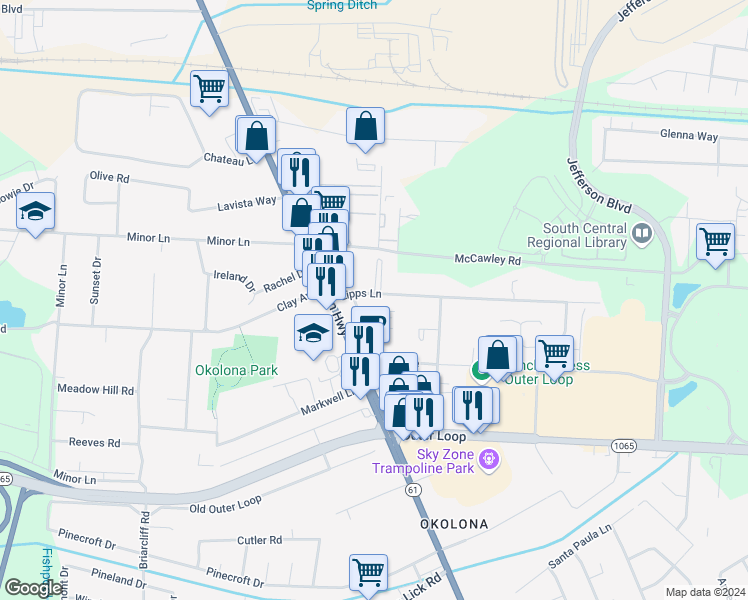 map of restaurants, bars, coffee shops, grocery stores, and more near 1212 Lipps Lane in Louisville