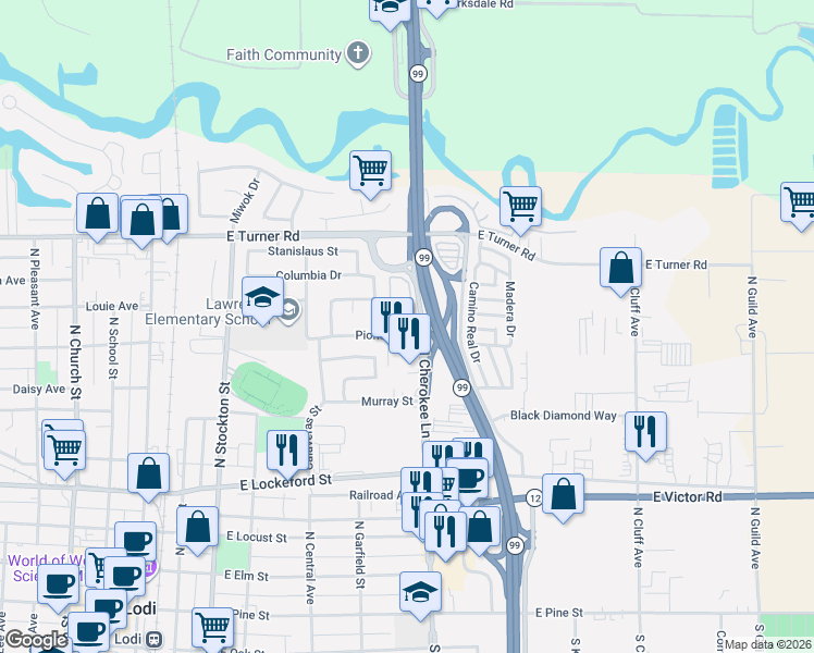 map of restaurants, bars, coffee shops, grocery stores, and more near 413 East Lockeford Street in Lodi
