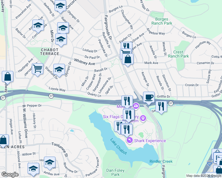 map of restaurants, bars, coffee shops, grocery stores, and more near 101 Pumice Drive in Vallejo