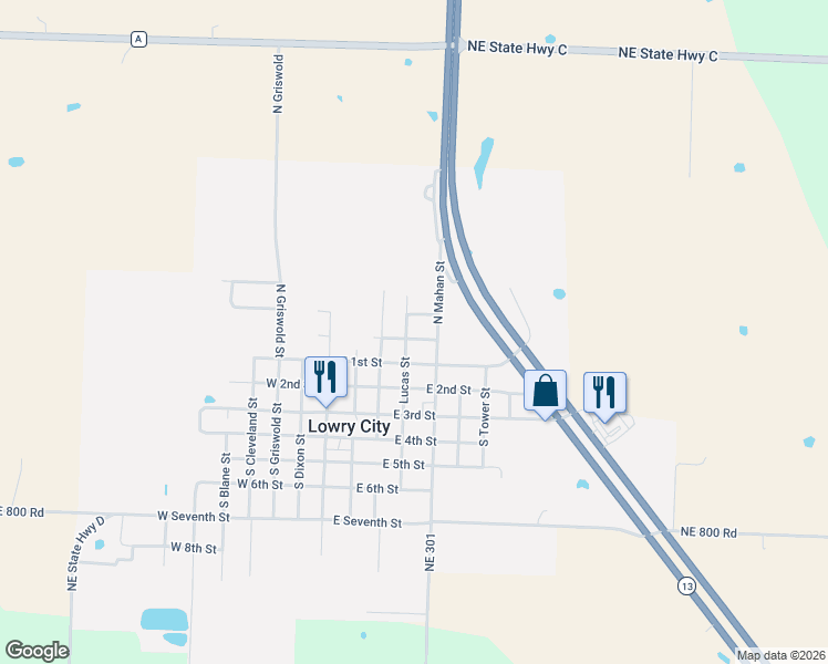 map of restaurants, bars, coffee shops, grocery stores, and more near 400 East Rogers Street in Lowry City