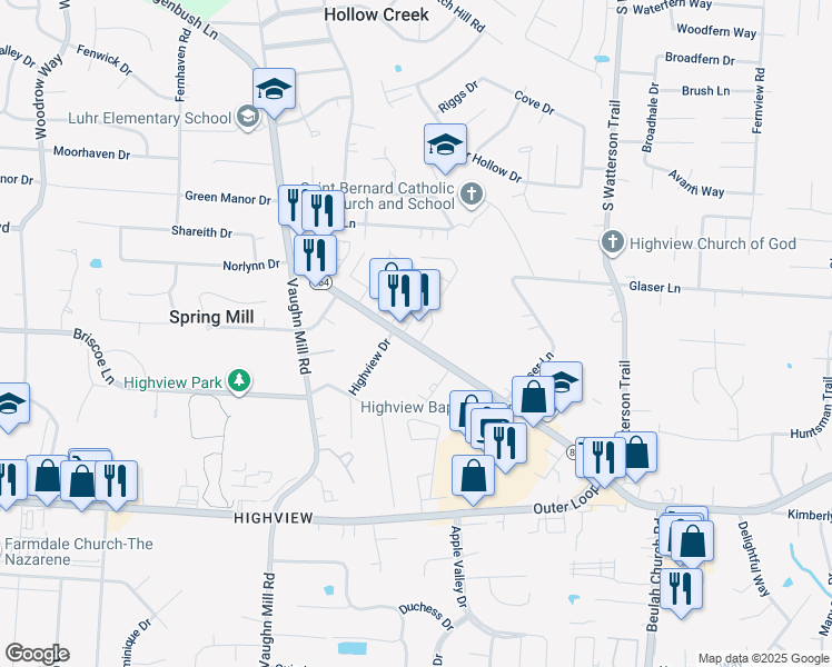 map of restaurants, bars, coffee shops, grocery stores, and more near 7407 Fegenbush Lane in Louisville