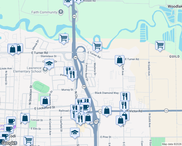 map of restaurants, bars, coffee shops, grocery stores, and more near 140 Granada Drive in Lodi