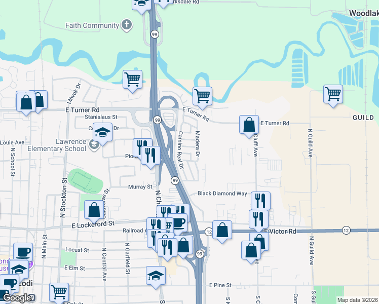map of restaurants, bars, coffee shops, grocery stores, and more near 140 Granada Drive in Lodi