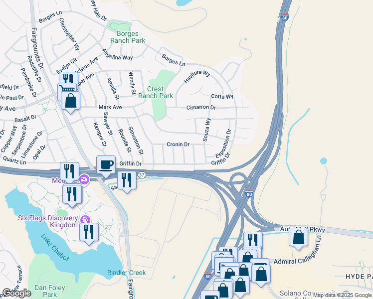 map of restaurants, bars, coffee shops, grocery stores, and more near 130 Benjamin Street in Vallejo