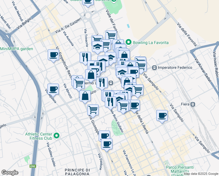 map of restaurants, bars, coffee shops, grocery stores, and more near 4-12 Via Sicilia in Palermo