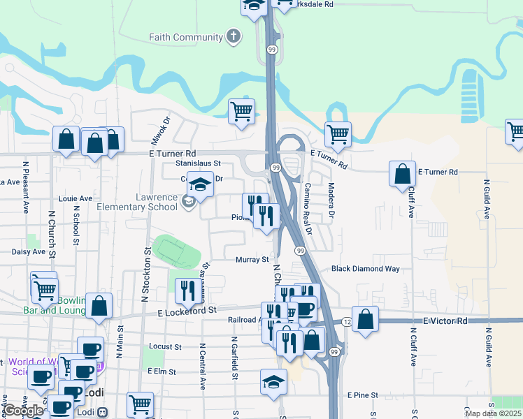 map of restaurants, bars, coffee shops, grocery stores, and more near 505 Pioneer Drive in Lodi