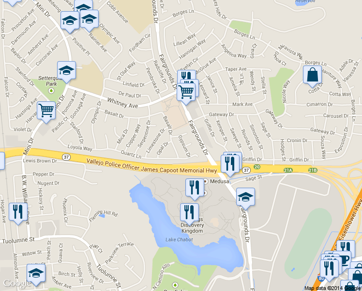 map of restaurants, bars, coffee shops, grocery stores, and more near 101 Pumice Drive in Vallejo