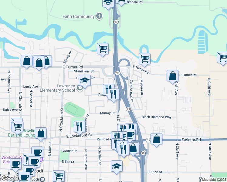 map of restaurants, bars, coffee shops, grocery stores, and more near 505 Pioneer Drive in Lodi