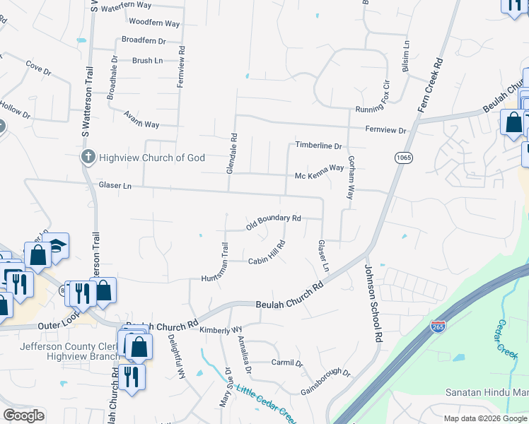 map of restaurants, bars, coffee shops, grocery stores, and more near 8408 Glaser Lane in Louisville