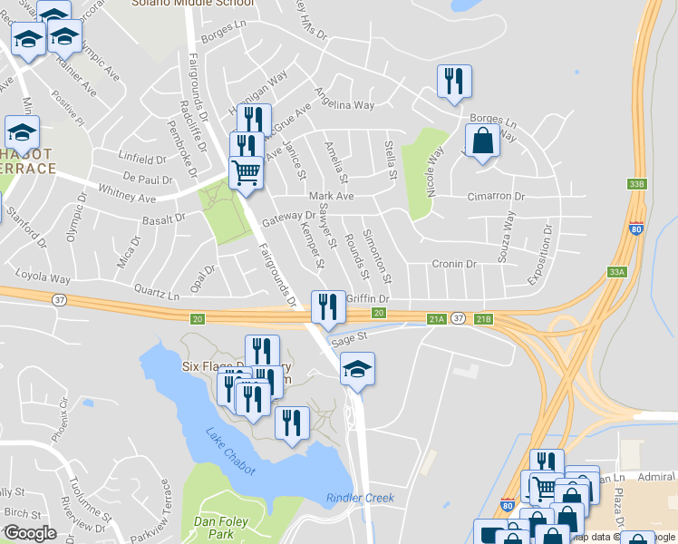 map of restaurants, bars, coffee shops, grocery stores, and more near 127 Sawyer Street in Vallejo