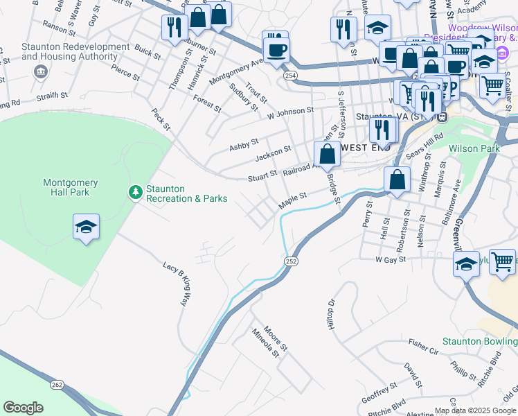 map of restaurants, bars, coffee shops, grocery stores, and more near 1112 Butler Street in Staunton