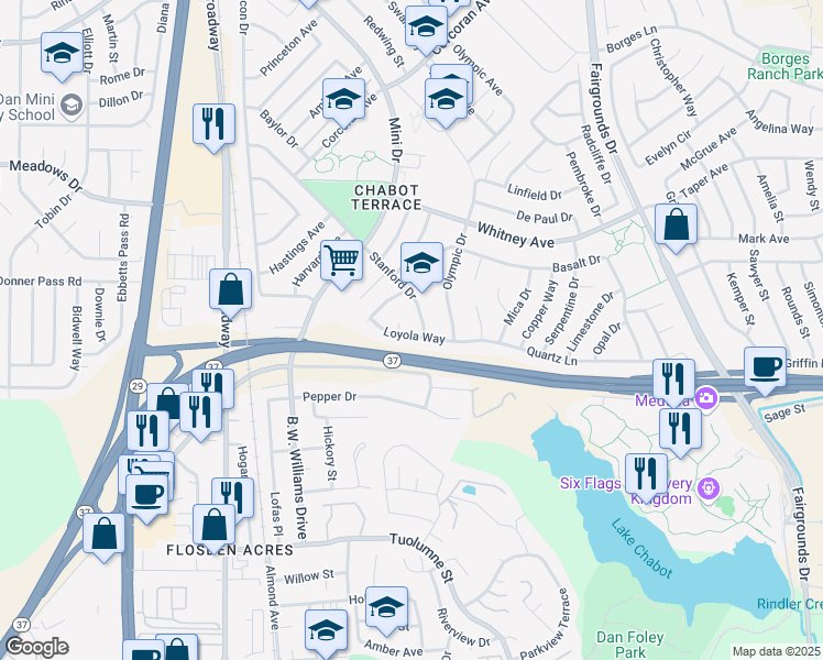 map of restaurants, bars, coffee shops, grocery stores, and more near 1110 Loyola Way in Vallejo