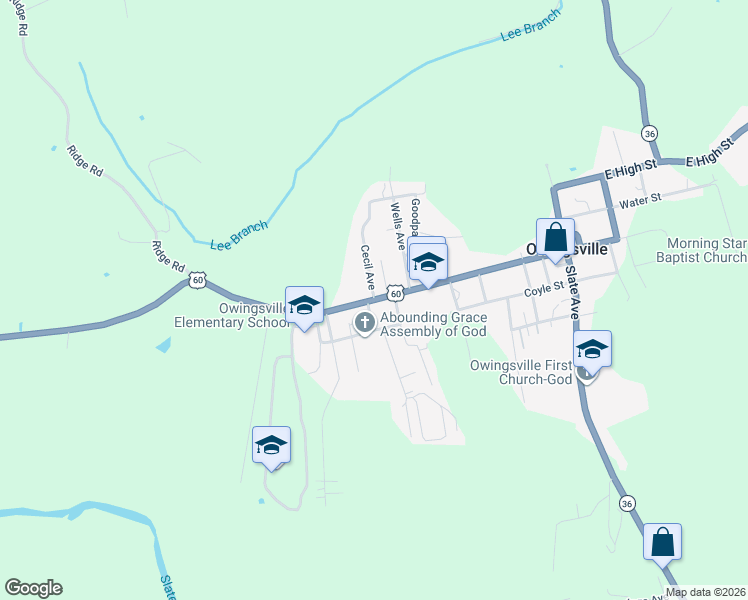 map of restaurants, bars, coffee shops, grocery stores, and more near 335 West Main Street in Owingsville