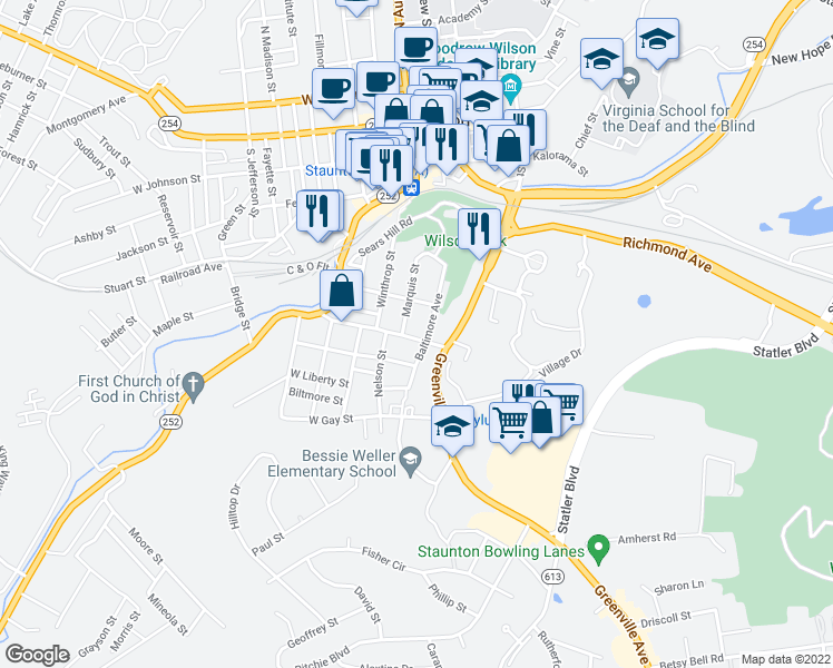 map of restaurants, bars, coffee shops, grocery stores, and more near 109 East Hampton Street in Staunton
