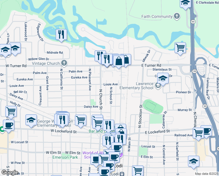 map of restaurants, bars, coffee shops, grocery stores, and more near 110 Louie Avenue in Lodi