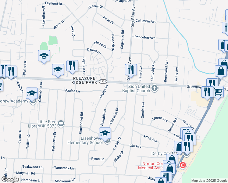 map of restaurants, bars, coffee shops, grocery stores, and more near 5098 Tumeric Lane in Louisville