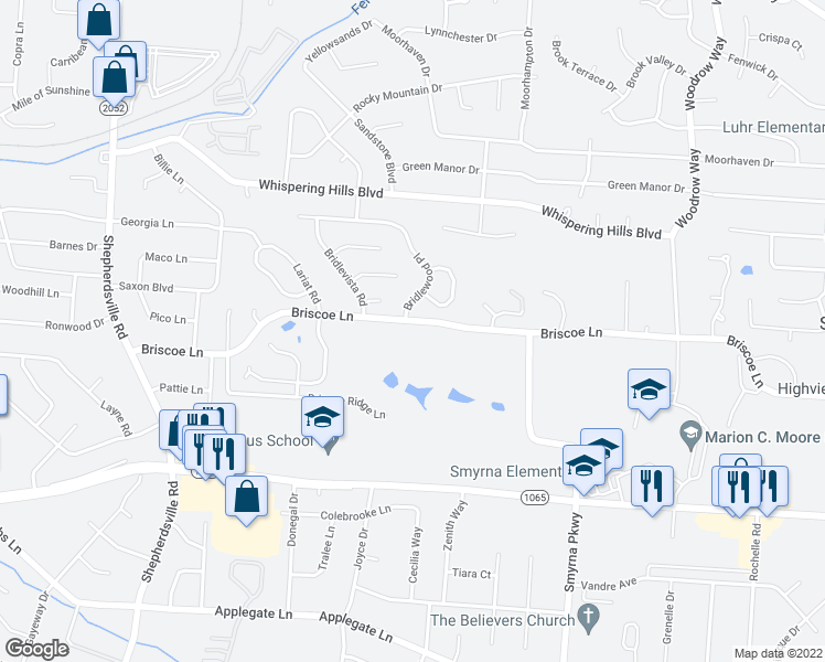 map of restaurants, bars, coffee shops, grocery stores, and more near 6100 Briscoe Lane in Louisville