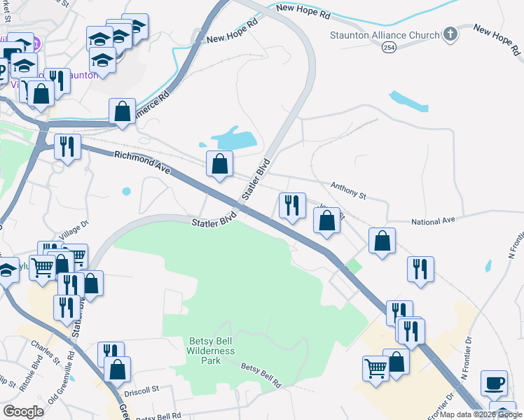 map of restaurants, bars, coffee shops, grocery stores, and more near 701 Richmond Avenue in Staunton