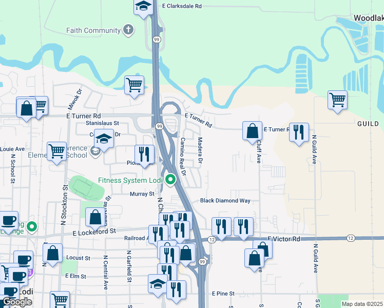 map of restaurants, bars, coffee shops, grocery stores, and more near 812 East Turner Road in Lodi
