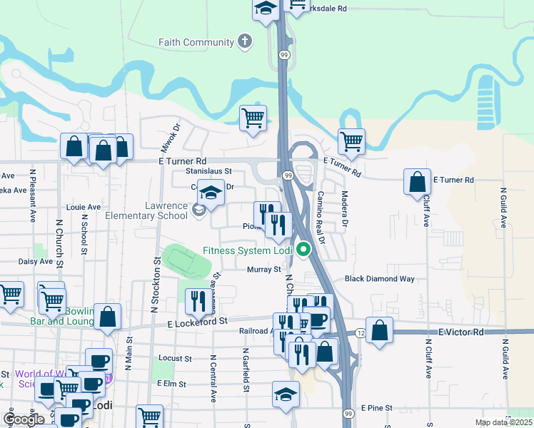 map of restaurants, bars, coffee shops, grocery stores, and more near 454 Donner Drive in Lodi