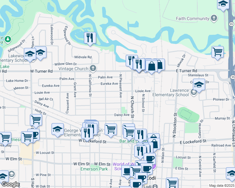 map of restaurants, bars, coffee shops, grocery stores, and more near 303 Louie Avenue in Lodi