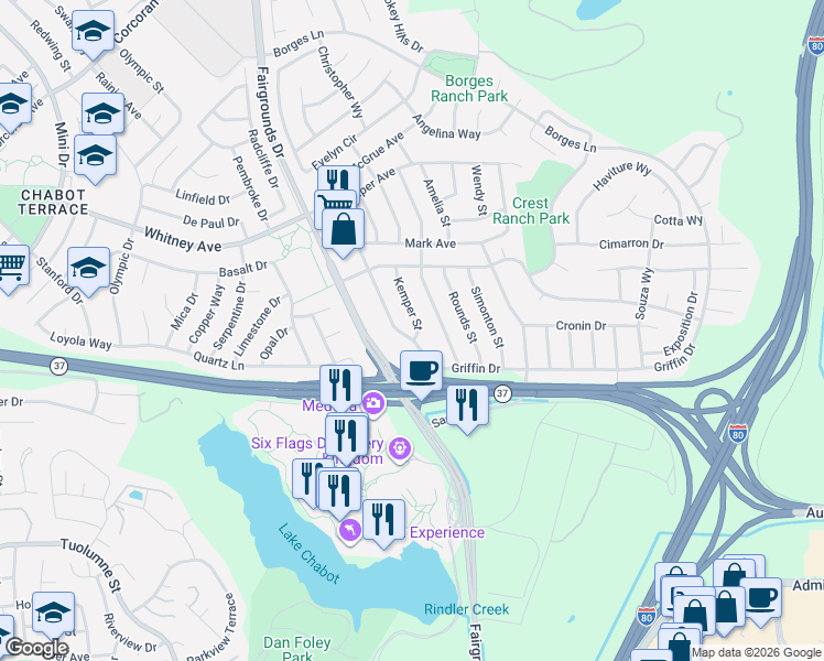 map of restaurants, bars, coffee shops, grocery stores, and more near 127 Kemper Street in Vallejo
