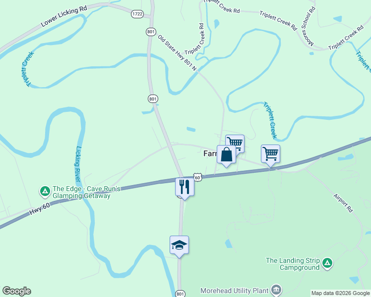 map of restaurants, bars, coffee shops, grocery stores, and more near 410 Old US Highway 60 in Morehead