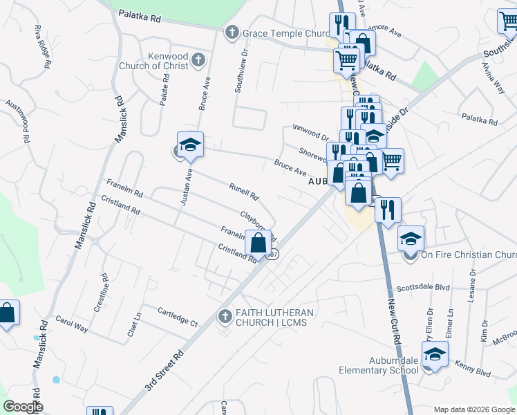 map of restaurants, bars, coffee shops, grocery stores, and more near 1026 Runell Road in Louisville
