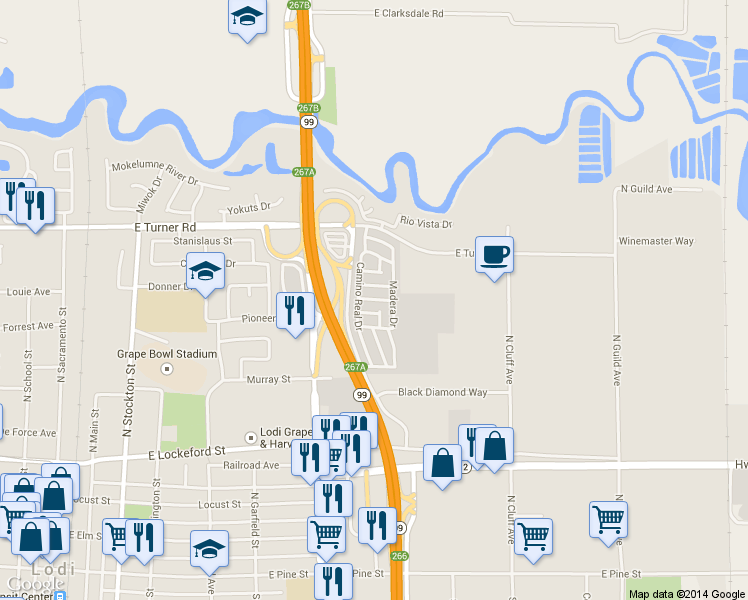 map of restaurants, bars, coffee shops, grocery stores, and more near 812 East Turner Road in Lodi