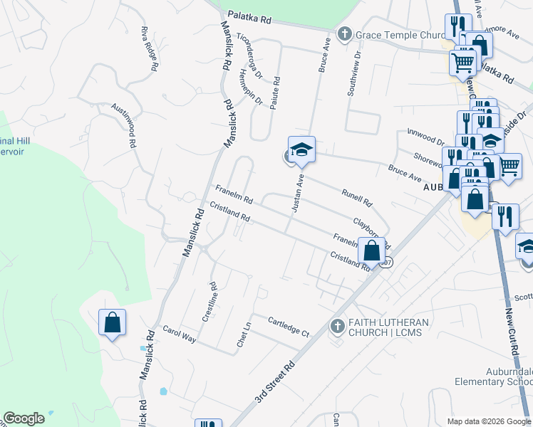 map of restaurants, bars, coffee shops, grocery stores, and more near 1109 Franelm Road in Louisville