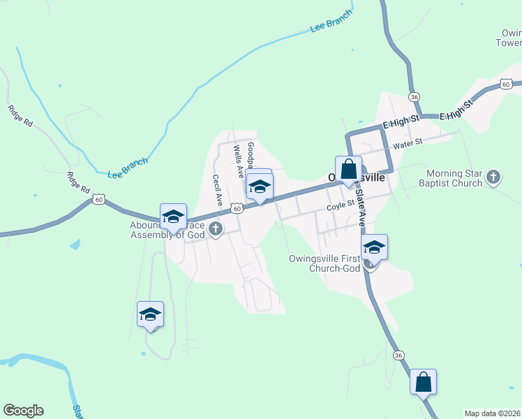 map of restaurants, bars, coffee shops, grocery stores, and more near 335 West Main Street in Owingsville