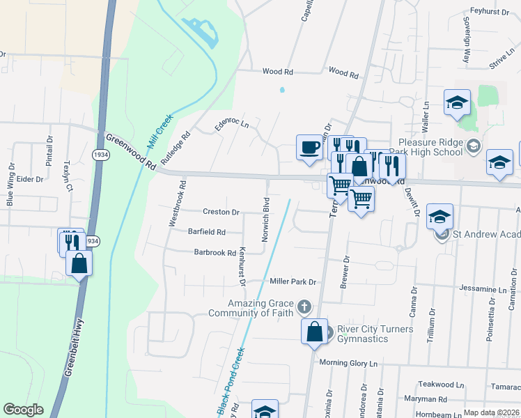 map of restaurants, bars, coffee shops, grocery stores, and more near 7512 Norwich Boulevard in Louisville