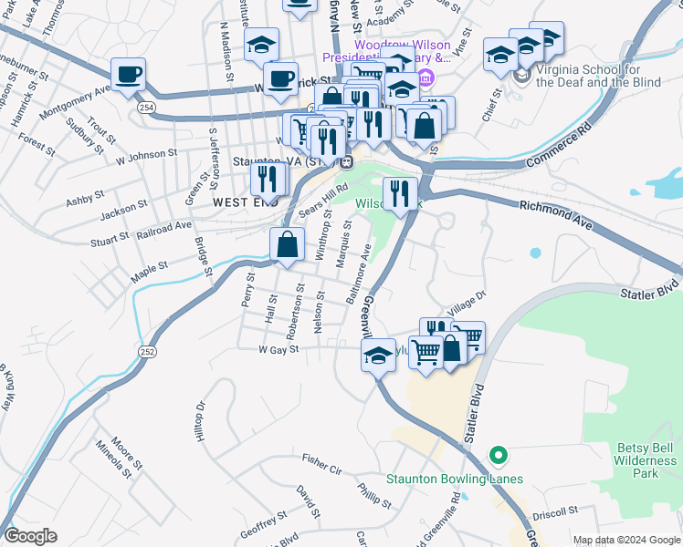 map of restaurants, bars, coffee shops, grocery stores, and more near 523 Marquis Street in Staunton
