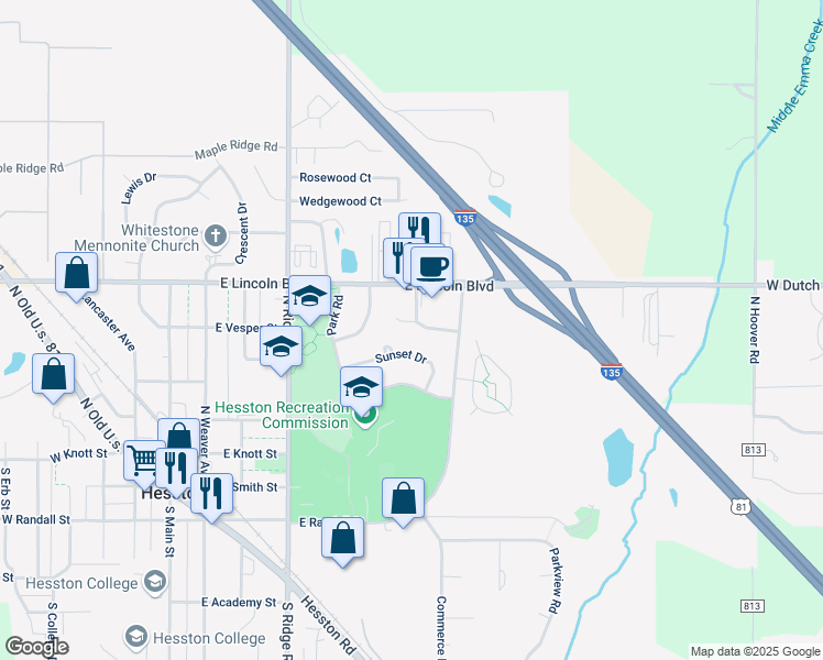 map of restaurants, bars, coffee shops, grocery stores, and more near 118 Cherry Hills Court in Hesston