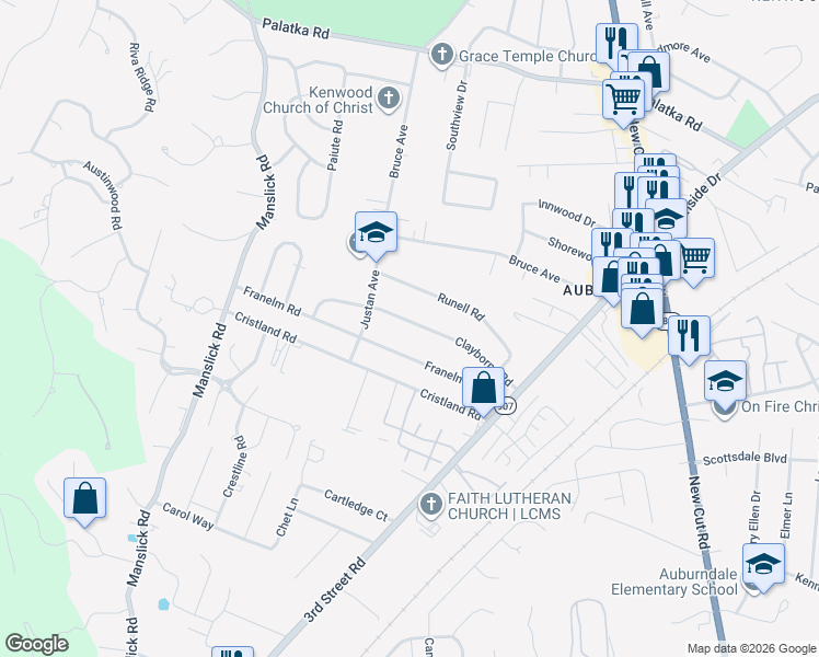 map of restaurants, bars, coffee shops, grocery stores, and more near 1042 Clayborne Road in Louisville