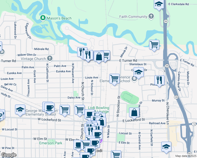 map of restaurants, bars, coffee shops, grocery stores, and more near 727 North Sacramento Street in Lodi