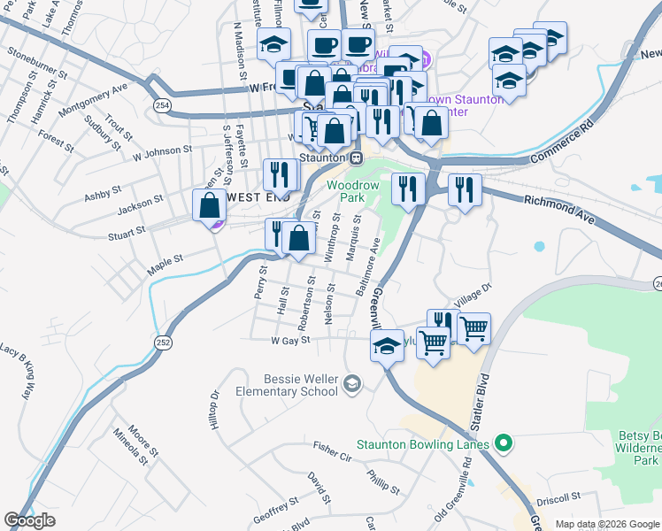 map of restaurants, bars, coffee shops, grocery stores, and more near 606 Winthrop Street in Staunton