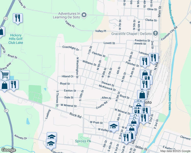 map of restaurants, bars, coffee shops, grocery stores, and more near 801 Jefferson Street in De Soto