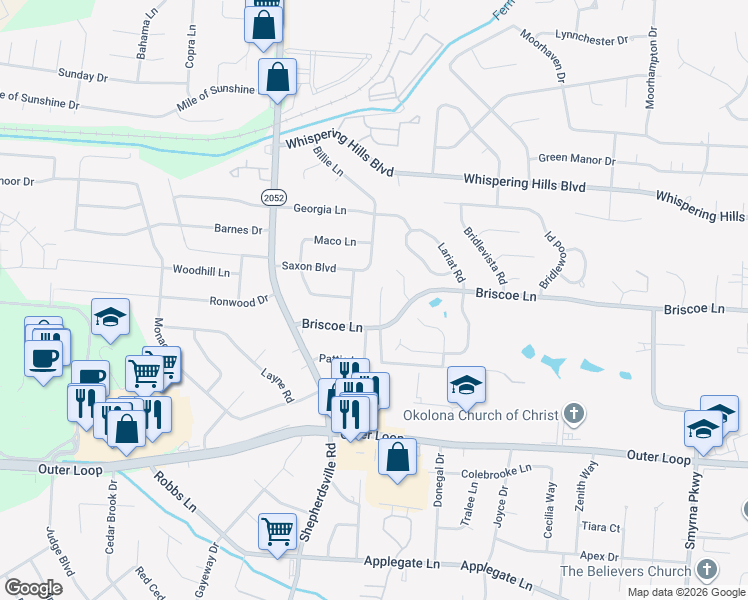 map of restaurants, bars, coffee shops, grocery stores, and more near 5613 Briscoe Ridge Lane in Louisville